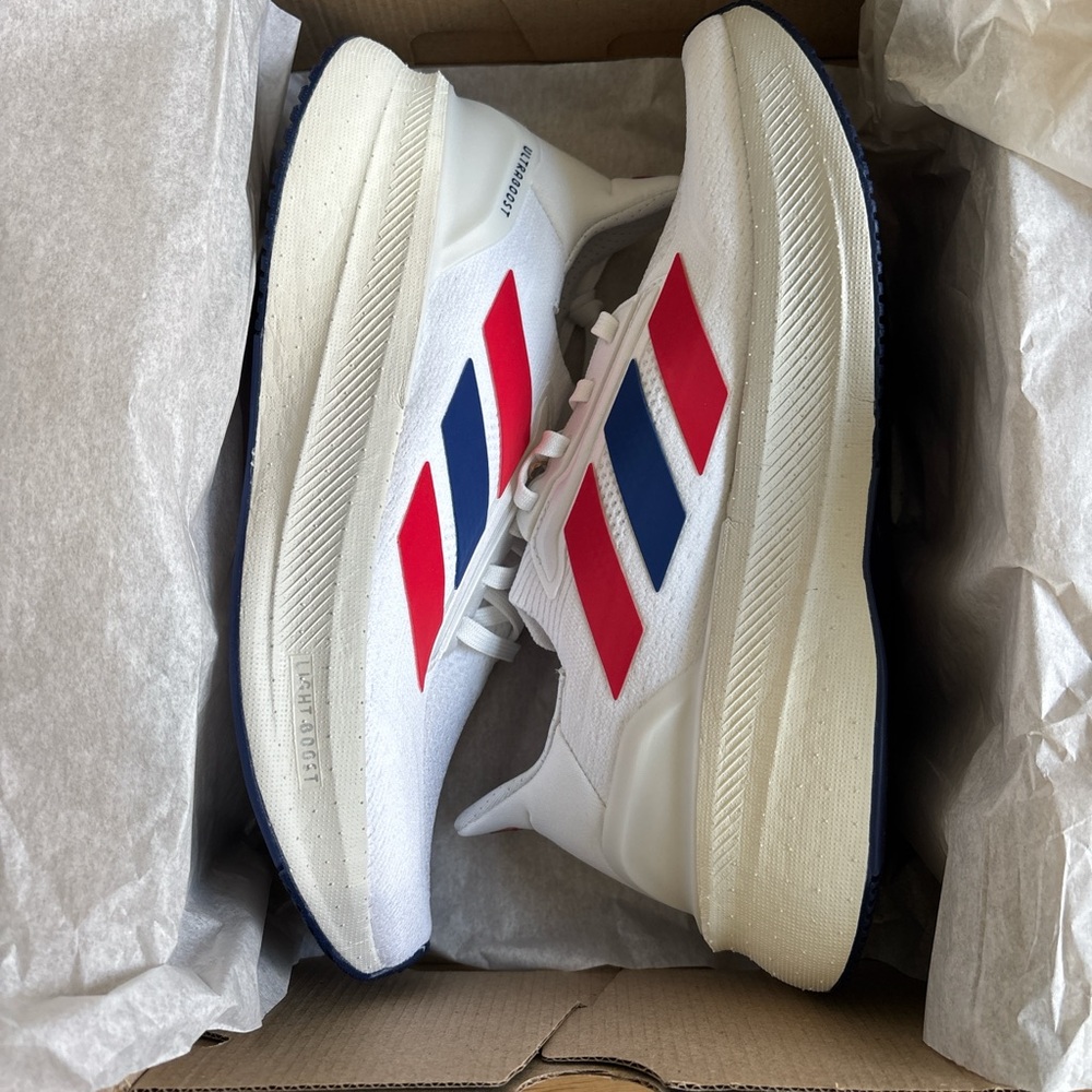 Adidas Men's White Sneakers with Red and Blue Stripes
